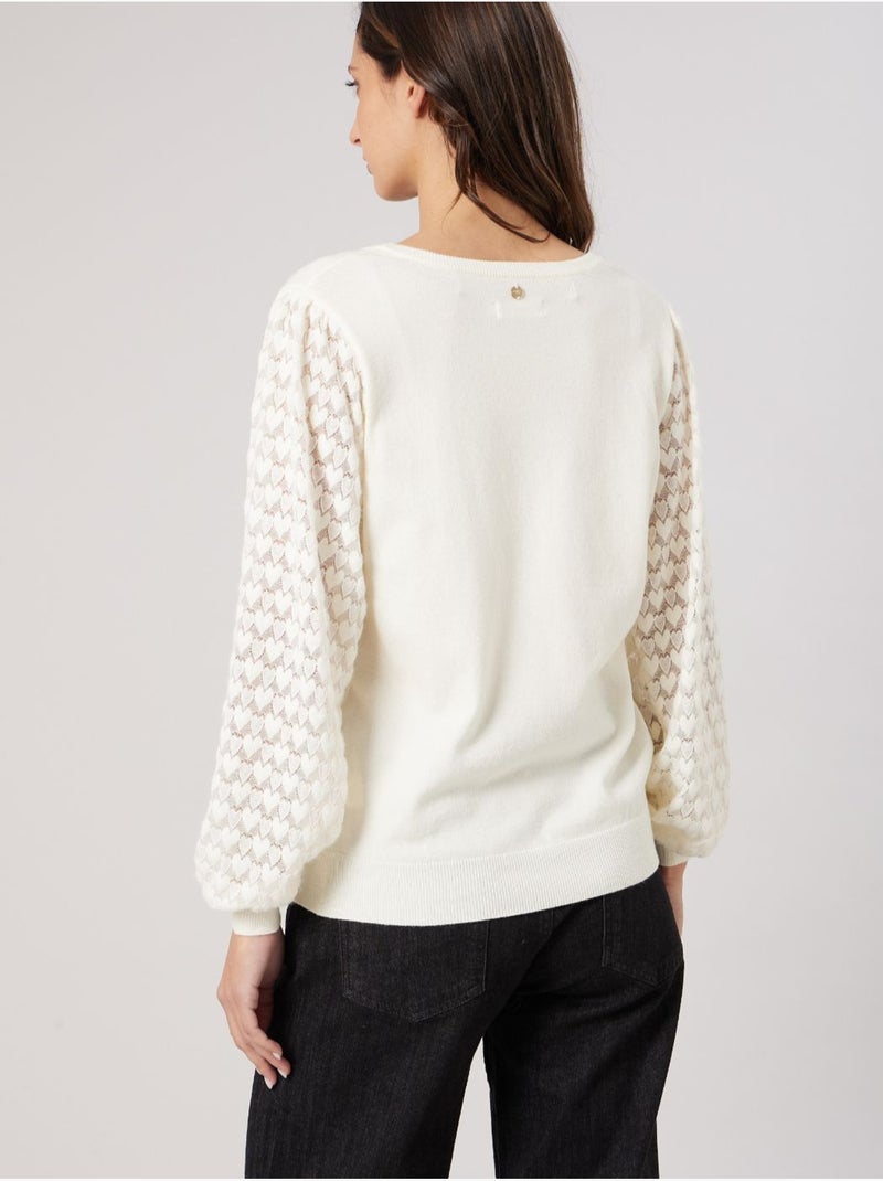Pull femme col v manches ajourées 'deeluxe' Blanc - Kiabi
