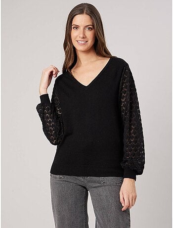 Pull femme col V manches ajourées 'Deeluxe'