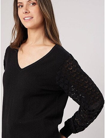 Pull femme col V manches ajourées 'Deeluxe'