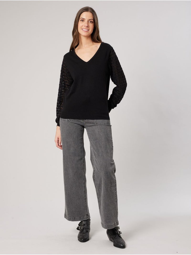 Pull femme col V manches ajourées 'Deeluxe' Noir - Kiabi