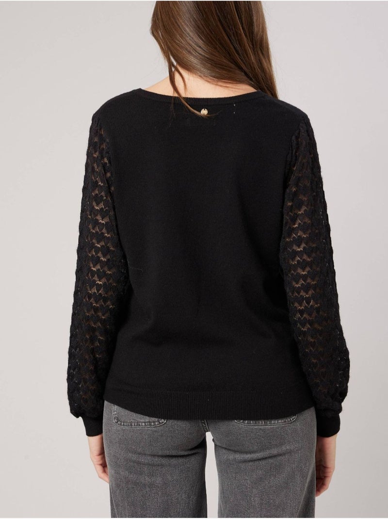Pull femme col V manches ajourées 'Deeluxe' Noir - Kiabi
