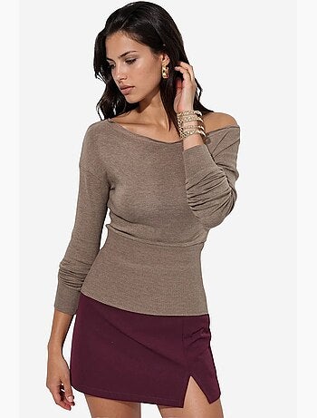 Pull femme court en maille côtelée à col rond busem
