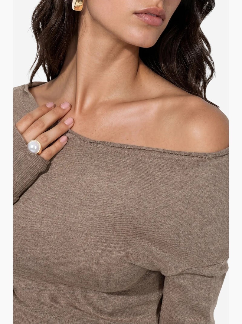 Pull femme court en maille côtelée à col rond busem Kaki - Kiabi