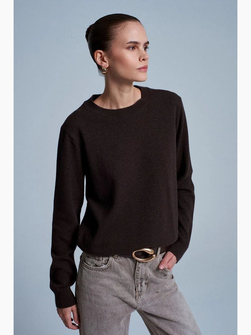 Pull femme en cachemire à côtes, col rond dilvin Marron chocolat - Kiabi