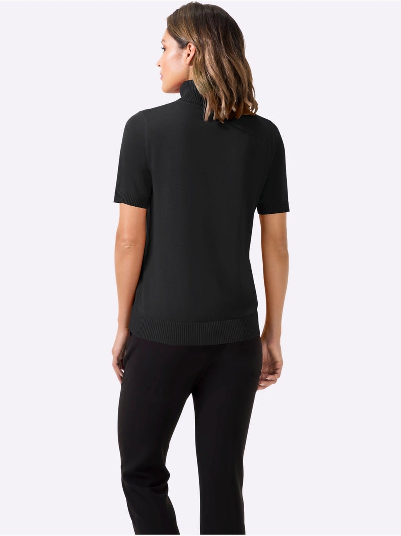 Pull femme en col roulé et manches courtes - Taille standard - Helline Noir - Kiabi