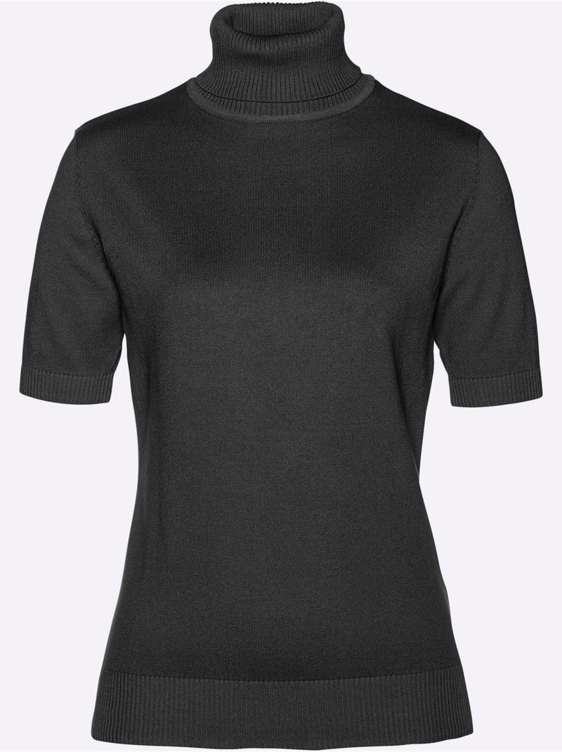 Pull femme en col roulé et manches courtes - Taille standard - Helline Noir - Kiabi