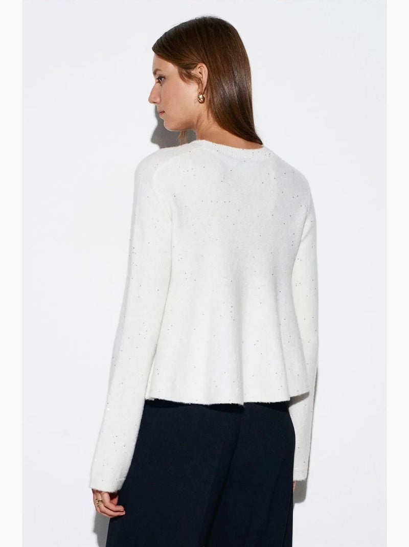 Pull femme en maille à col rond et volant dilvin Blanc cassé - Kiabi