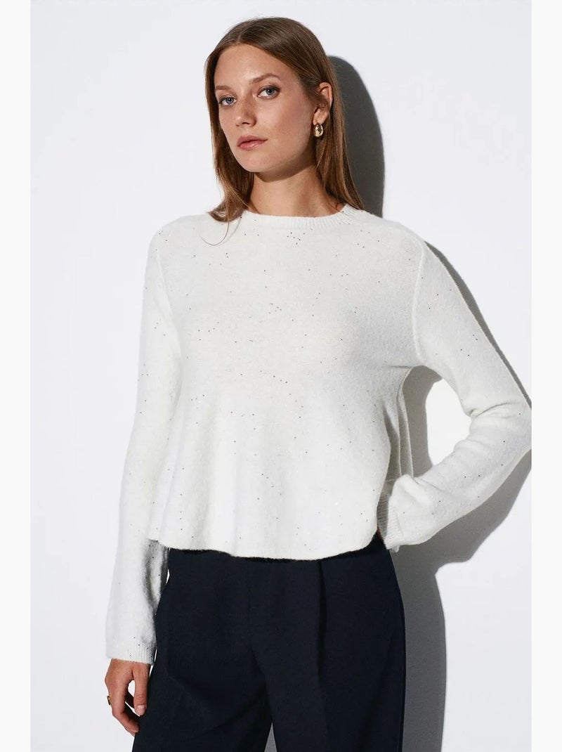 Pull femme en maille à col rond et volant dilvin Blanc cassé - Kiabi