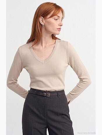 Pull femme en maille à col v avec fente dilvin