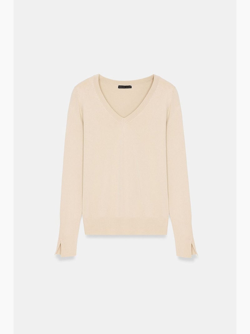 Pull femme en maille à col v avec fente dilvin Beige argile - Kiabi
