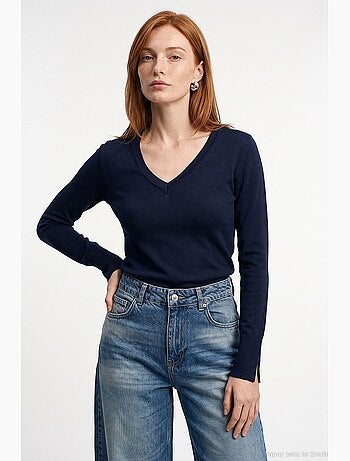 Pull femme en maille à col v avec fente dilvin