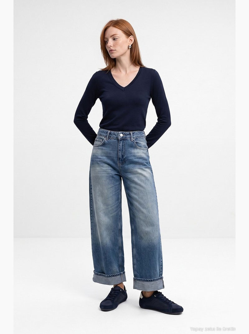 Pull femme en maille à col v avec fente dilvin Bleu marine - Kiabi