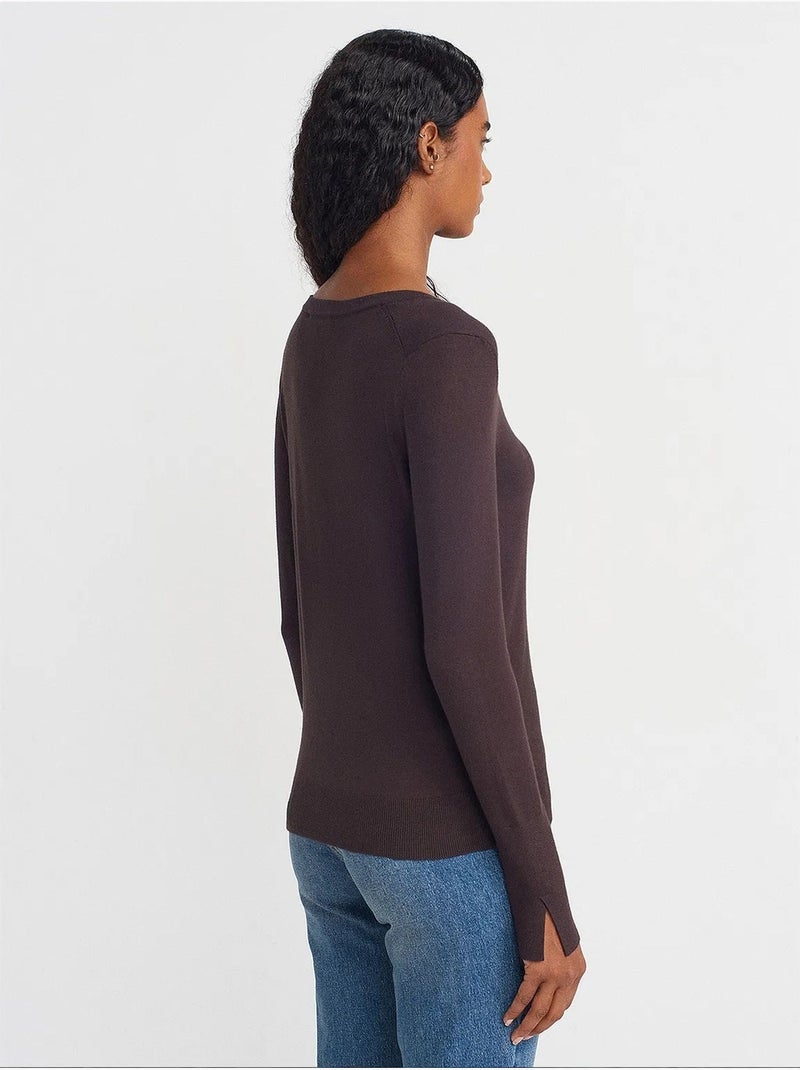 Pull femme en maille à col v avec fente dilvin Marron chocolat - Kiabi