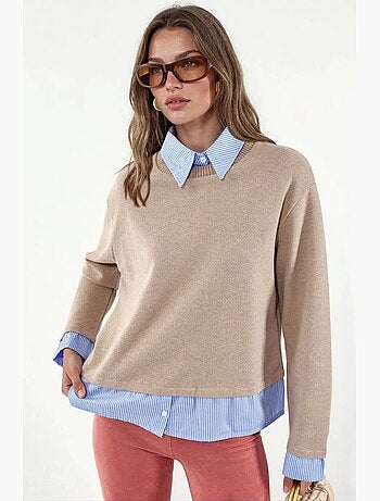Pull femme en maille côtelée à col rond busem