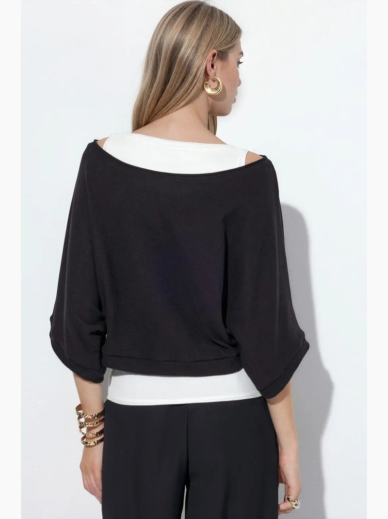 Pull femme en maille côtelée à col rond busem Noir - Kiabi