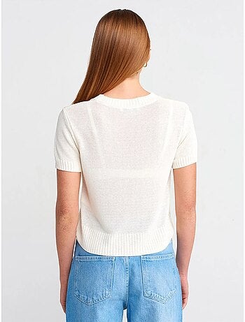 Pull femme en maille côtelée à col rond et manches courtes dilvin