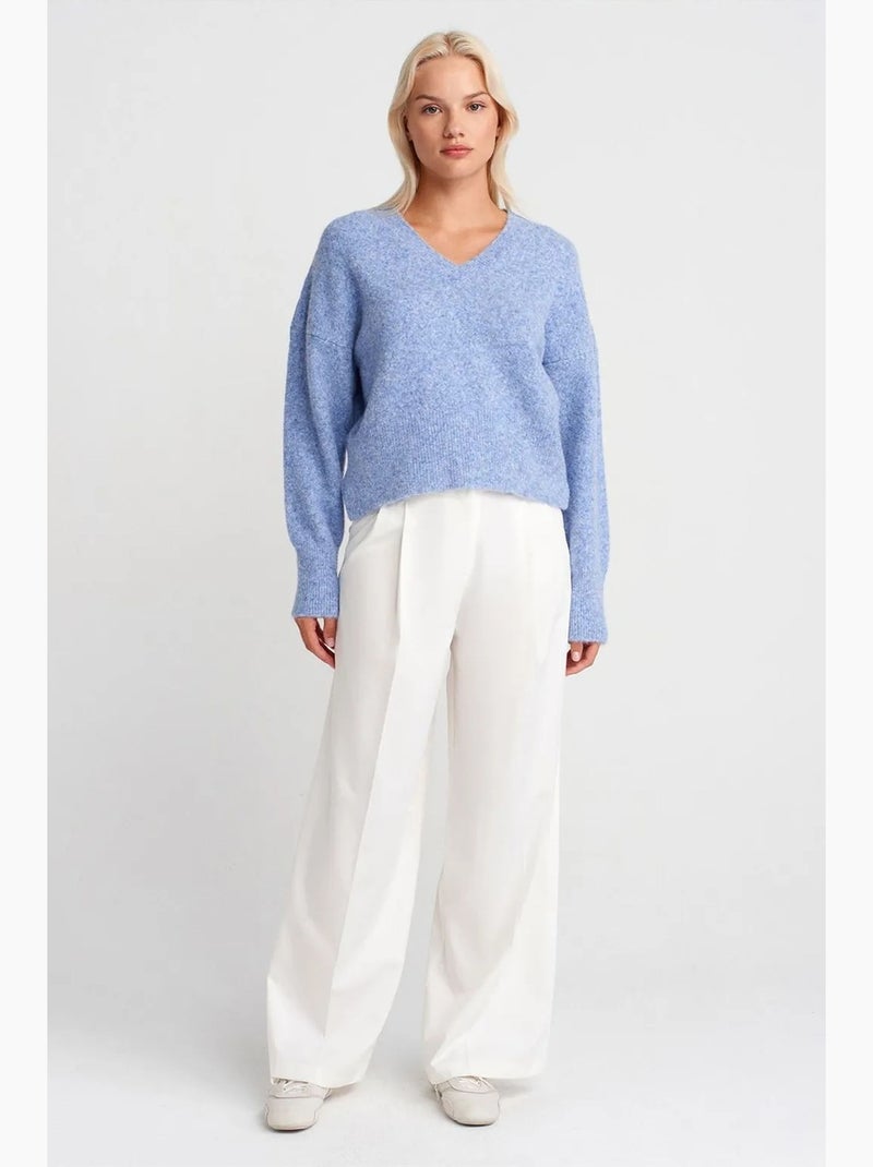Pull femme en maille côtelée à col v dilvin Bleu ciel - Kiabi
