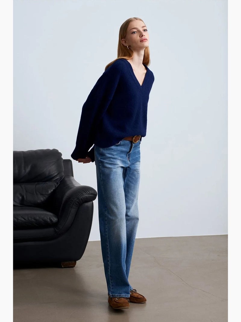 Pull femme en maille côtelée à col v dilvin Bleu marine - Kiabi