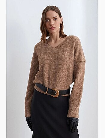 Pull femme en maille côtelée à col v dilvin