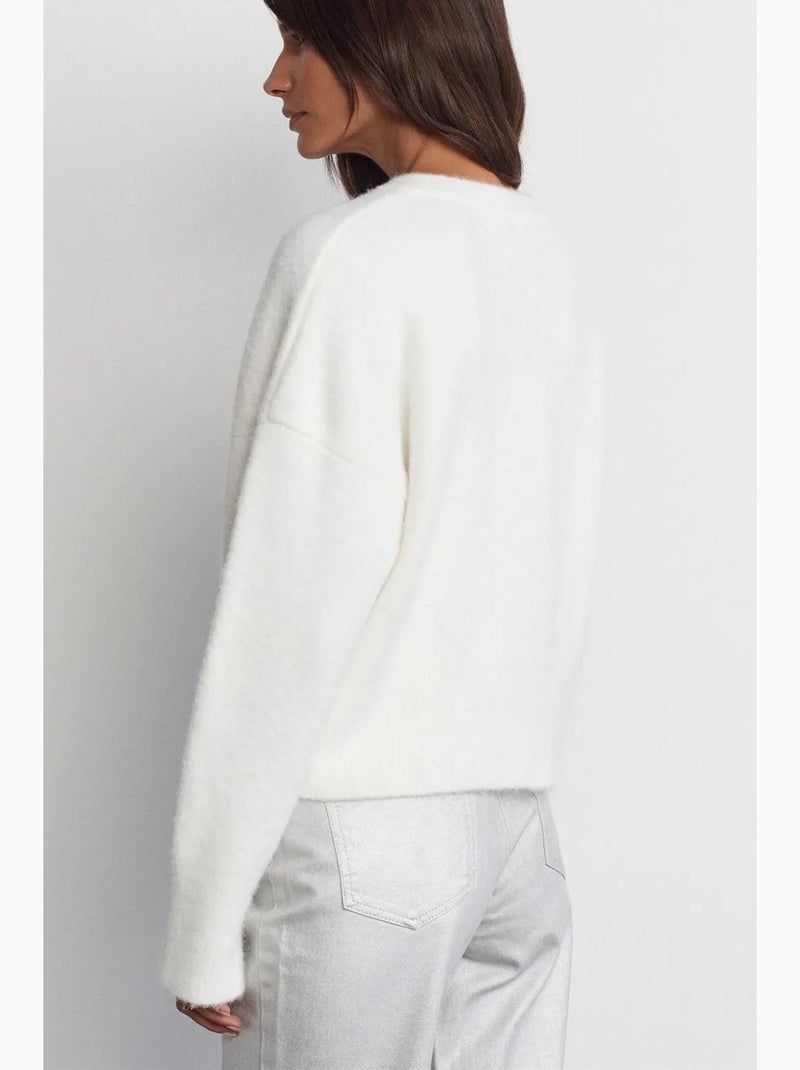 Pull femme en maille côtelée à col v dilvin Ivoire - Kiabi