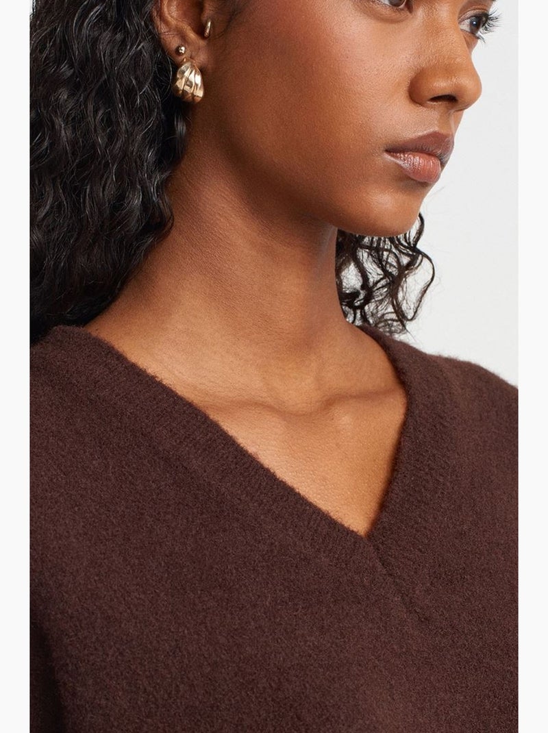 Pull femme en maille côtelée à col v dilvin Marron chocolat - Kiabi