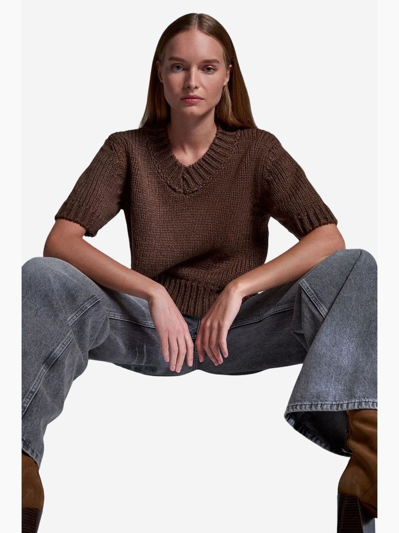 Pull femme en maille côtelée à col v dilvin Marron - Kiabi
