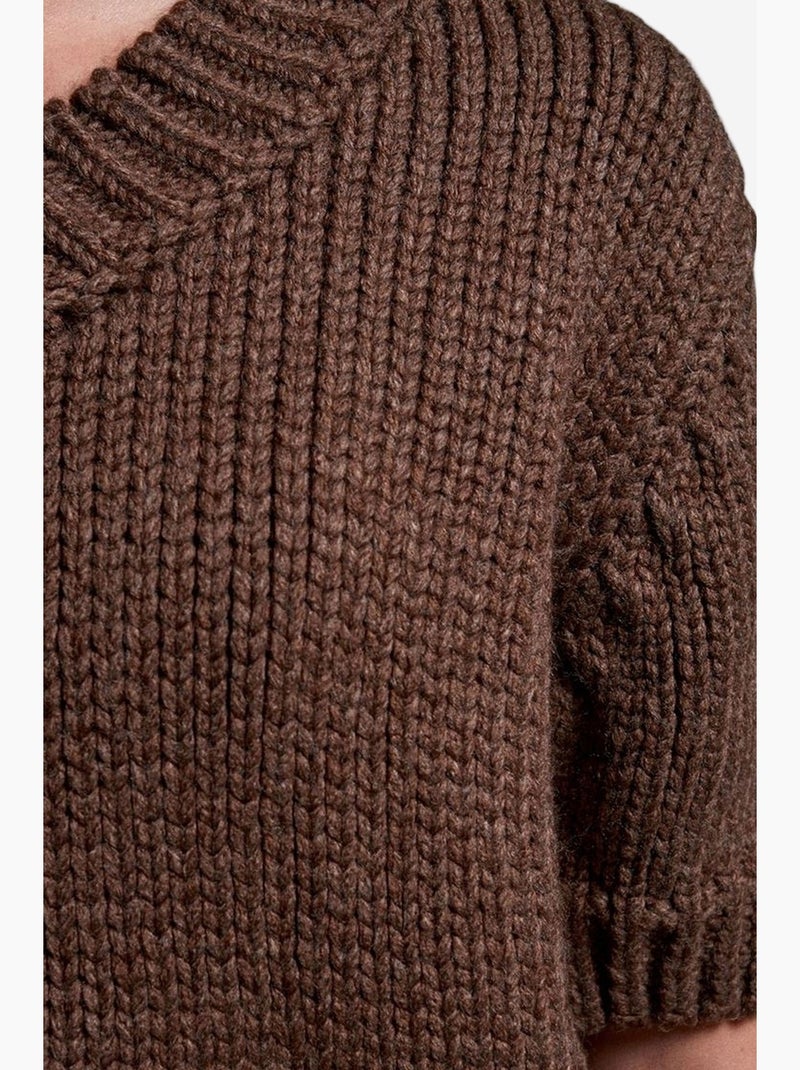 Pull femme en maille côtelée à col v dilvin Marron - Kiabi