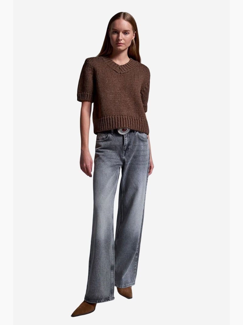 Pull femme en maille côtelée à col v dilvin Marron - Kiabi