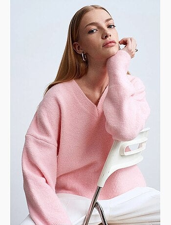 Pull femme en maille côtelée à col v dilvin