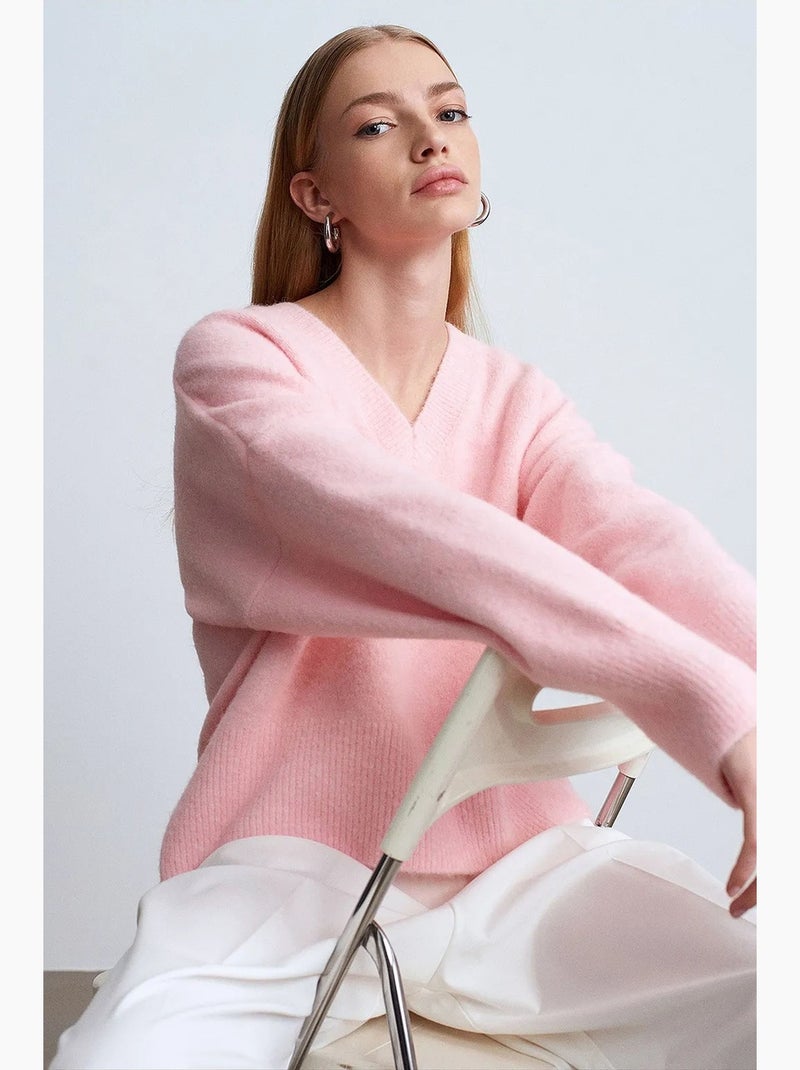 Pull femme en maille côtelée à col v dilvin Rose - Kiabi