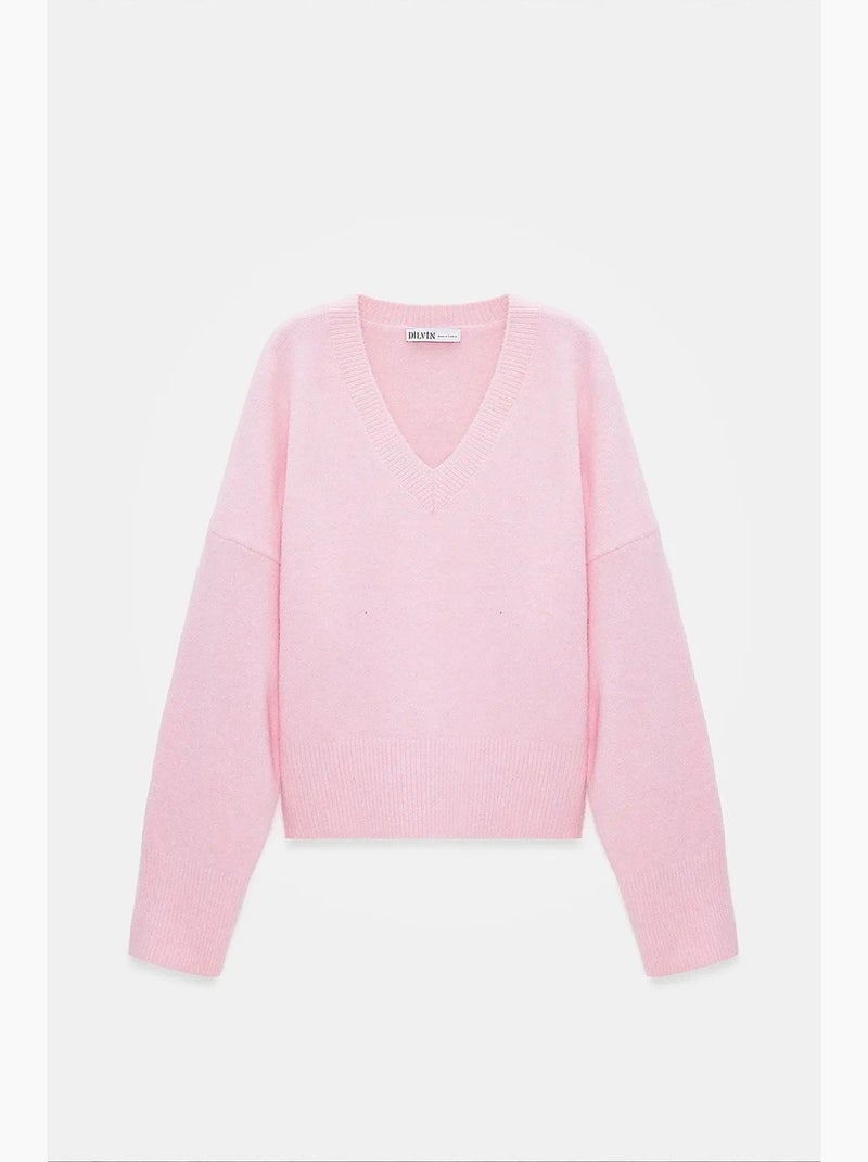 Pull femme en maille côtelée à col v dilvin Rose - Kiabi