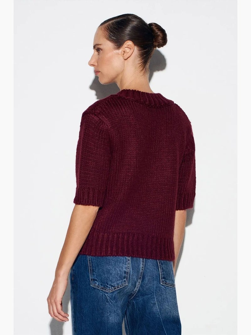 Pull femme en maille côtelée à col v dilvin Rouge bordeaux - Kiabi