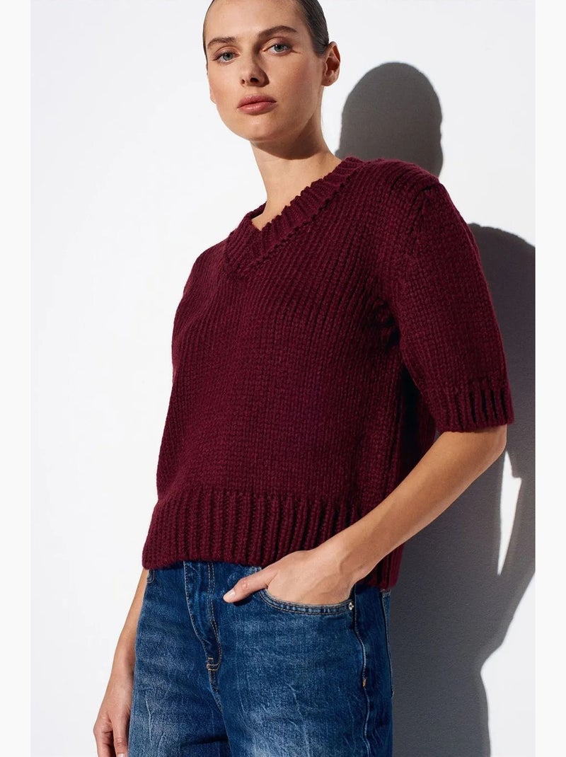 Pull femme en maille côtelée à col v dilvin Rouge bordeaux - Kiabi