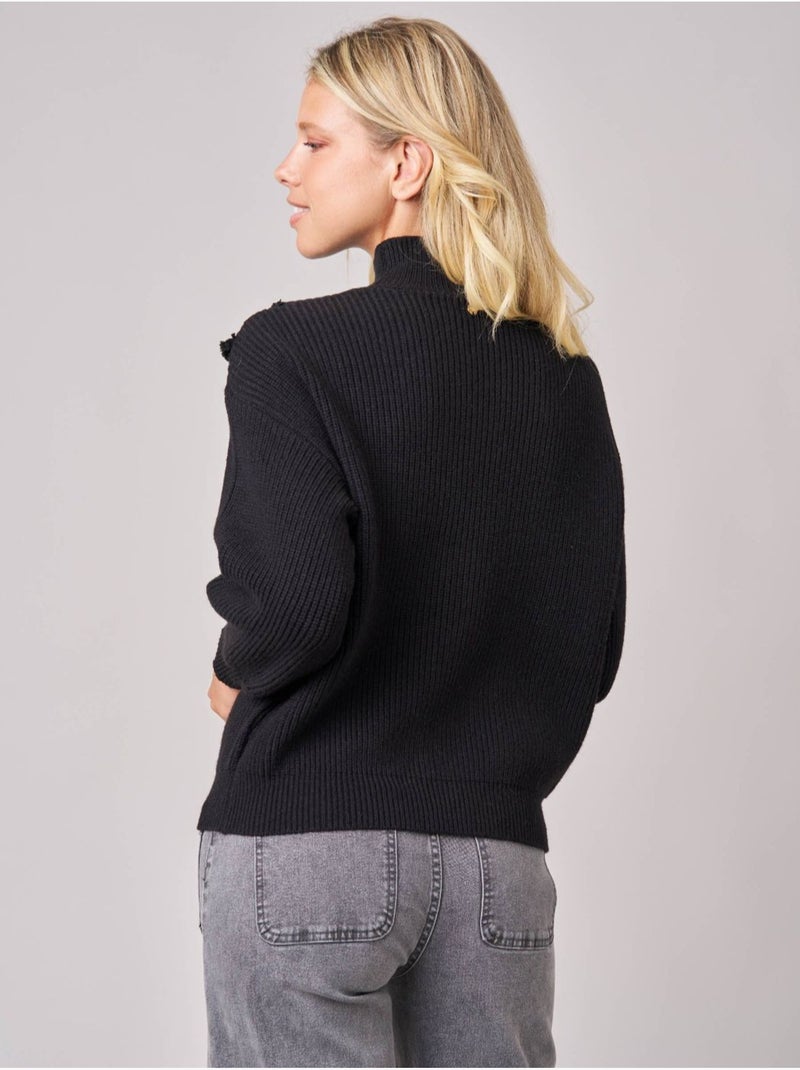 Pull femme en maille côtelée détail ajouré 'deeluxe' Noir - Kiabi
