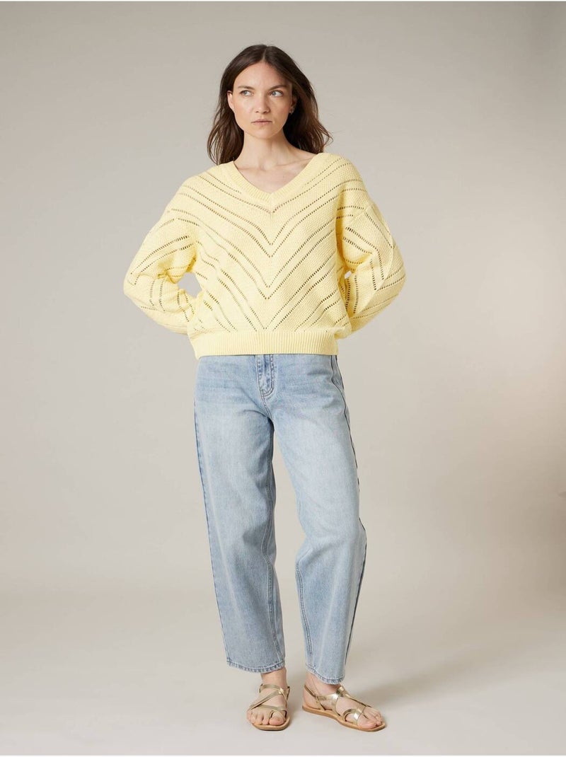 Pull femme en maille crochet 'Deeluxe' Jaune clair - Kiabi