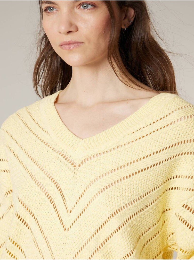 Pull femme en maille crochet 'Deeluxe' Jaune clair - Kiabi