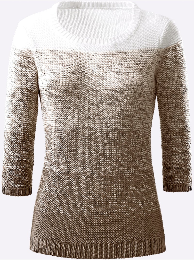 Pull femme en maille dégradé à col rond et manches 3/4 - Taille standard - Witt Gris Blanc - Kiabi