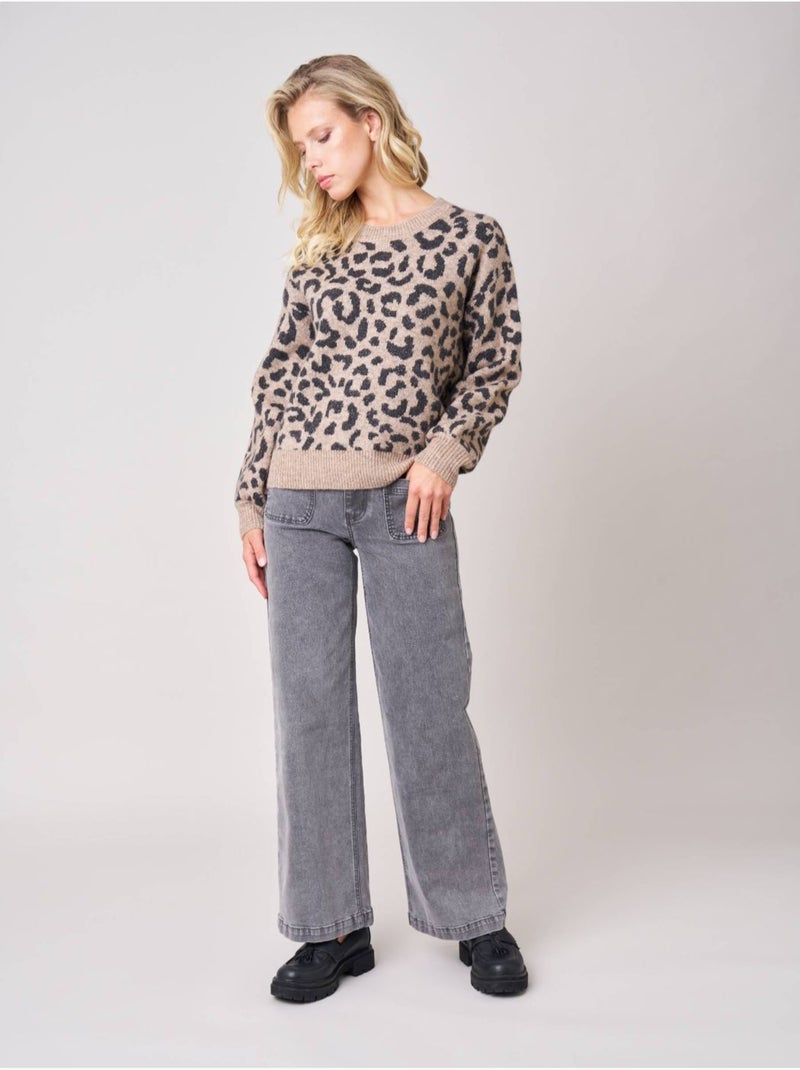 Pull femme en maille jacquard léopard 'deeluxe' Gris taupe - Kiabi