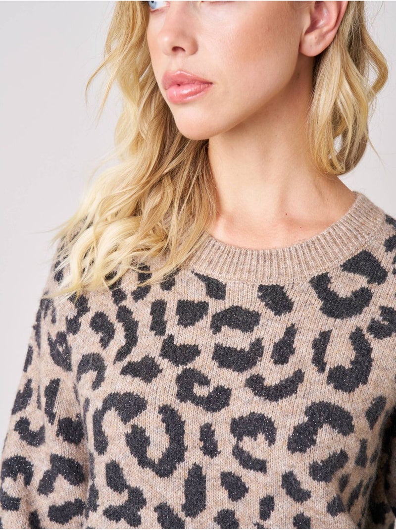Pull femme en maille jacquard léopard 'deeluxe' Gris taupe - Kiabi
