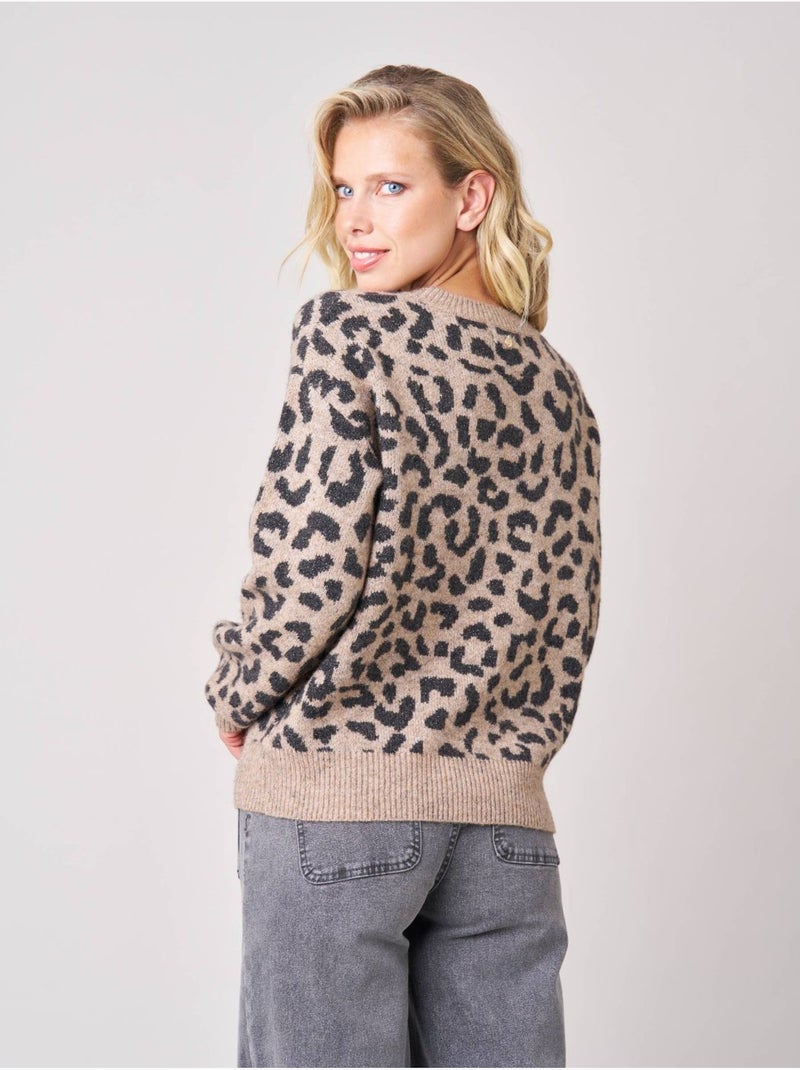 Pull femme en maille jacquard léopard 'deeluxe' Gris taupe - Kiabi