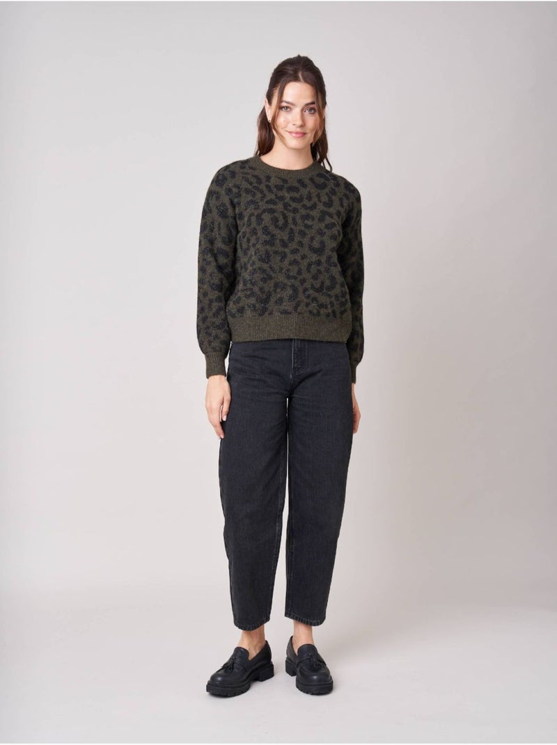 Pull femme en maille jacquard léopard 'deeluxe' Vert bouteille - Kiabi