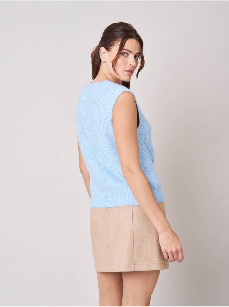 Pull femme en maille, sans manches 'deeluxe' Bleu clair - Kiabi