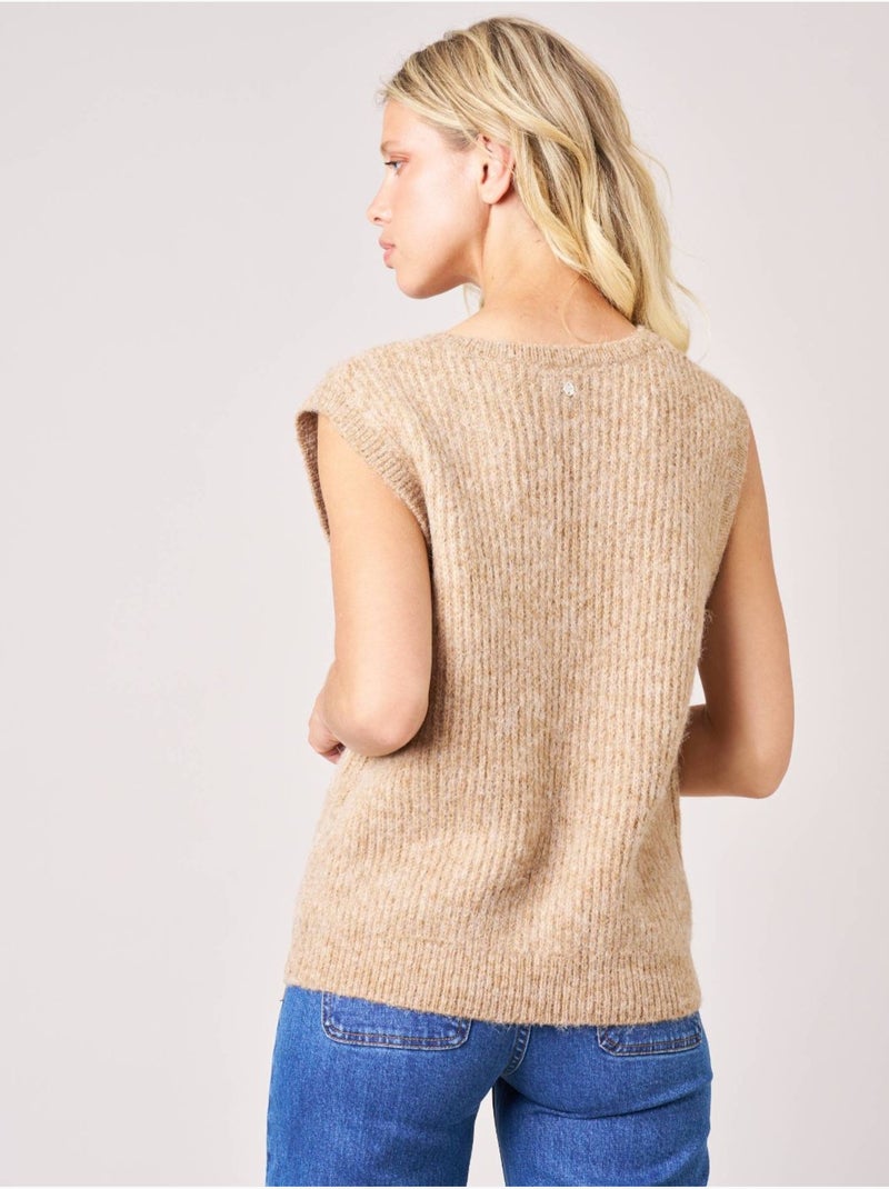 Pull femme en maille, sans manches 'deeluxe' Marron cappuccino - Kiabi