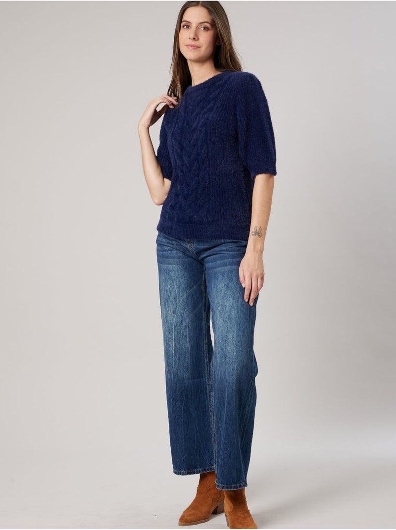 Pull femme en maille torsadée 'Deeluxe' Bleu marine - Kiabi