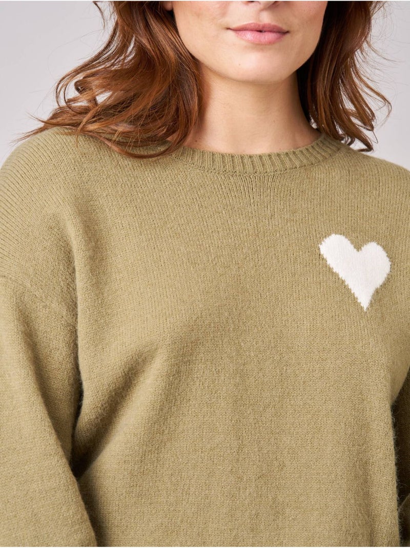 Pull femme maille douce motif cœur 'deeluxe' Vert kaki clair - Kiabi