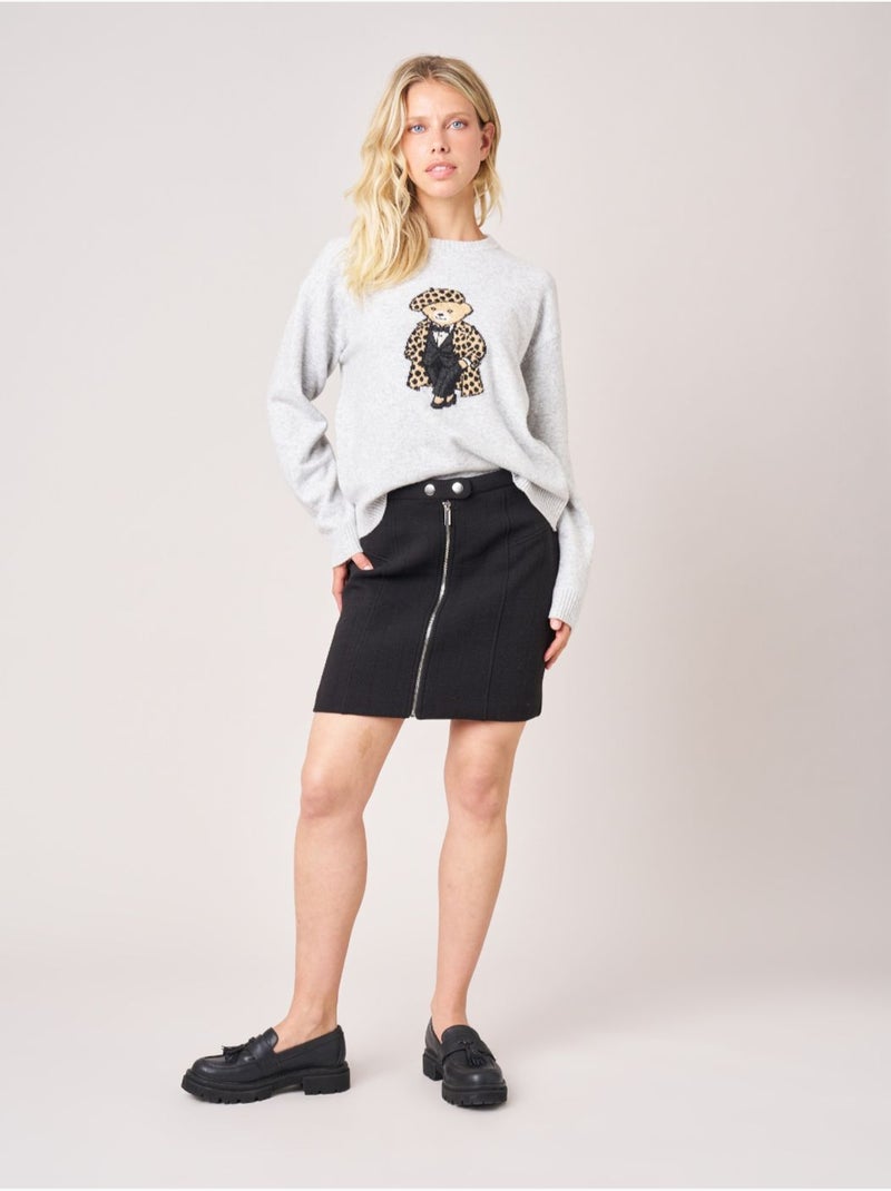 Pull femme maille douce motif ourson 'deeluxe' Gris clair - Kiabi