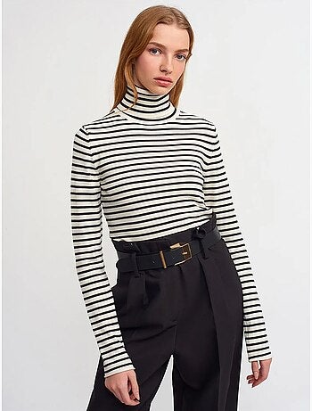 Pull femme rayé en maille côtelée à col roulé dilvin