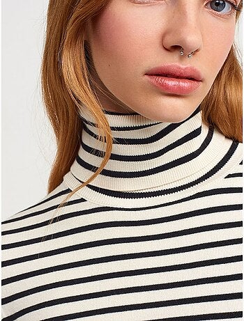 Pull femme rayé en maille côtelée à col roulé dilvin