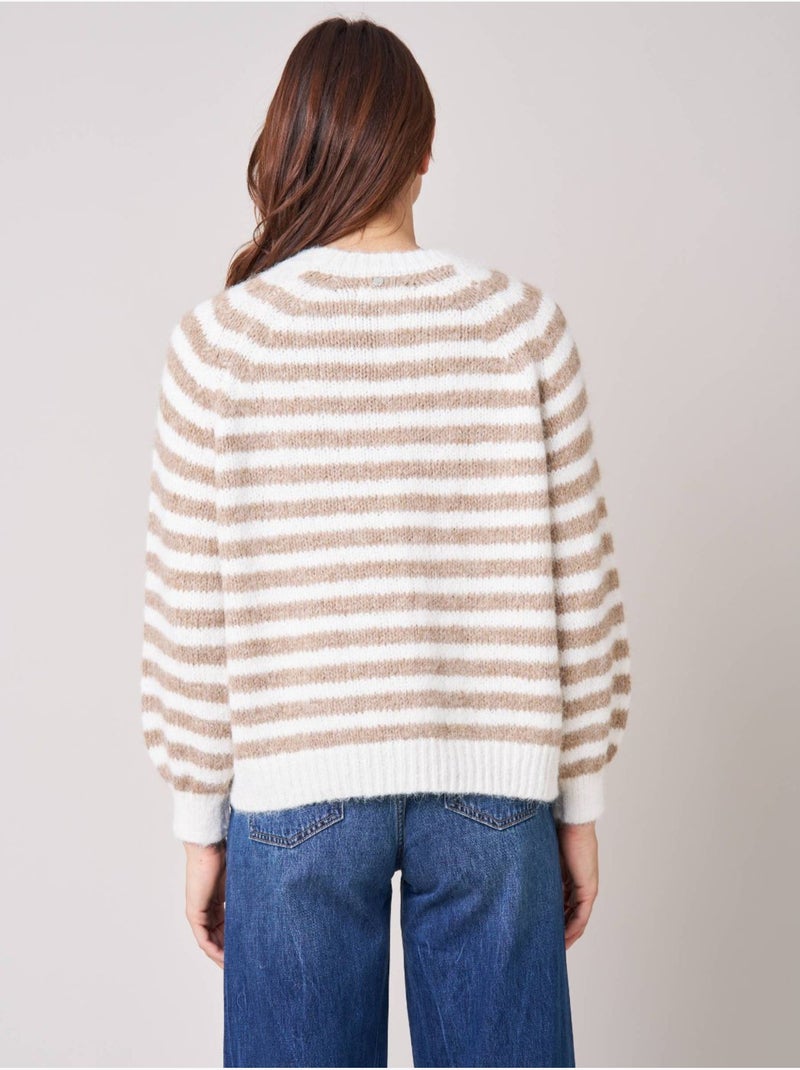 Pull femme rayé en maille douce 'Deeluxe' Taupe - Kiabi