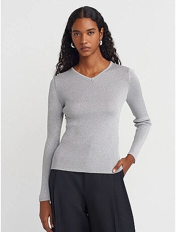 Pull femme slim à col v côtelé dilvin